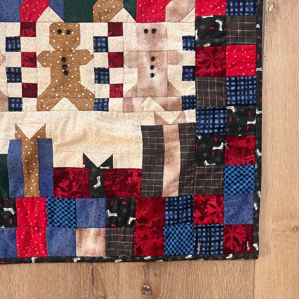 Handmade Christmas Patchwork Quilt Santa Gingerbread Wall Hanging Primitive